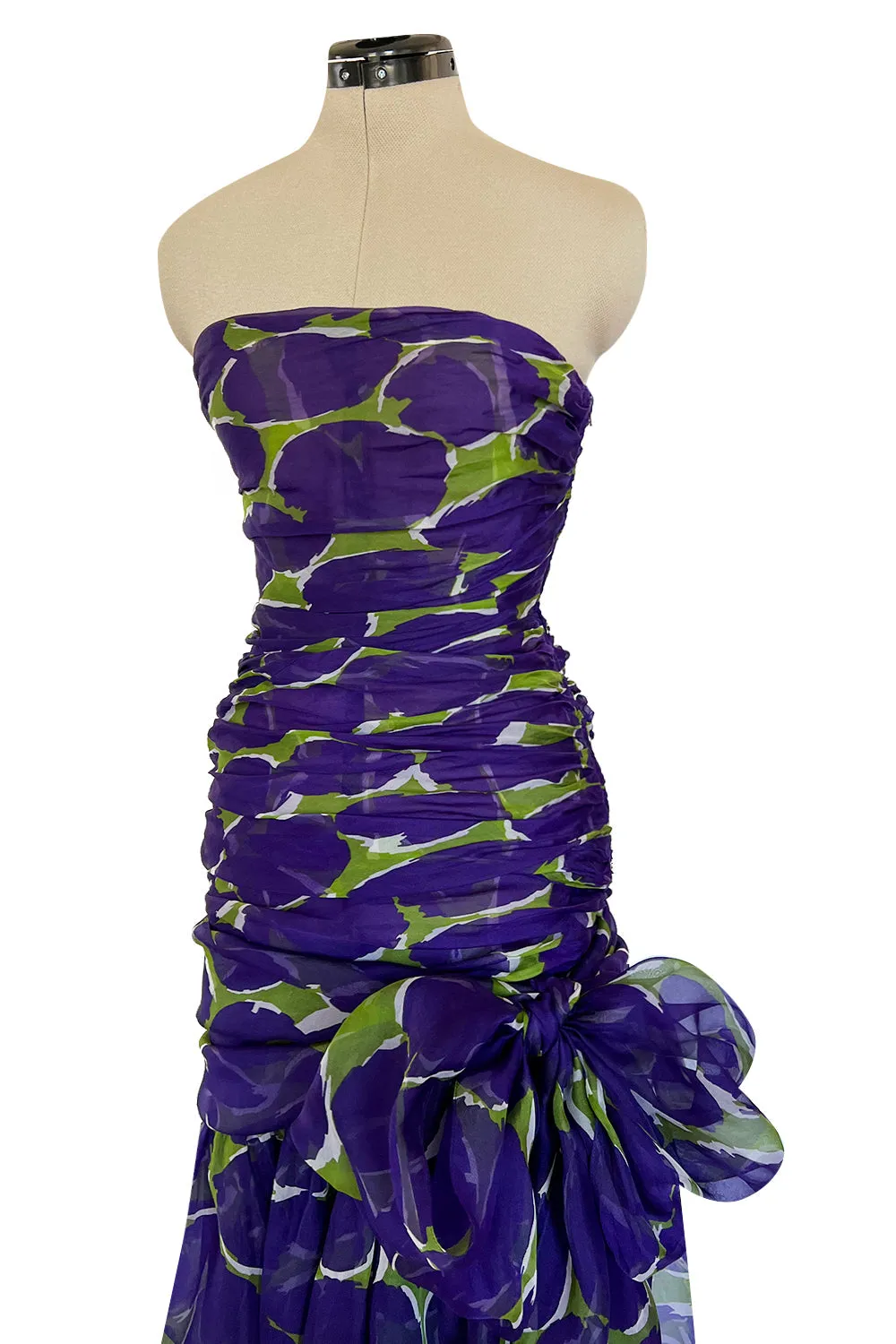 Prettiest Spring 1984 Yves Saint Laurent Runway Strapless Purple & Green Silk Dress