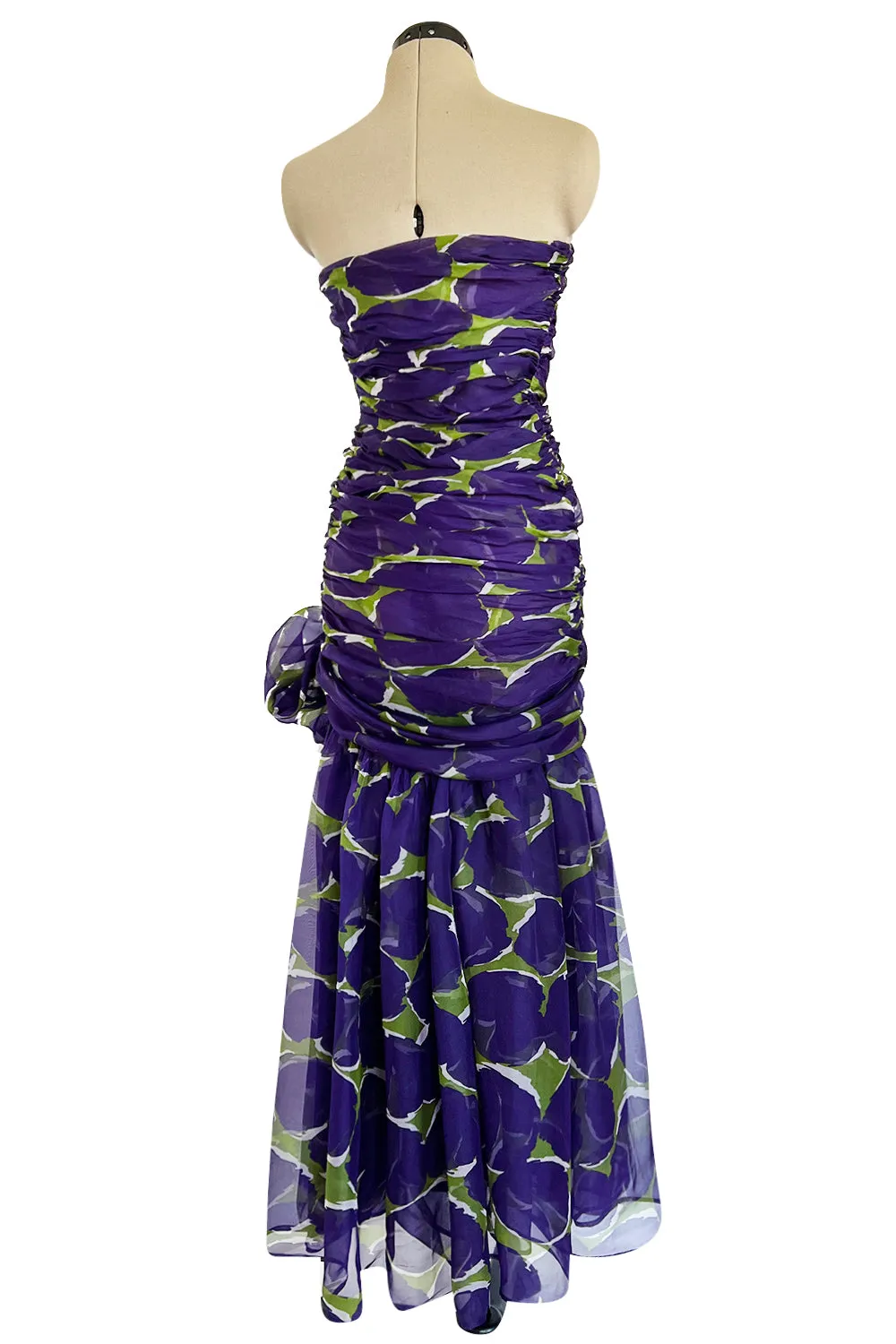 Prettiest Spring 1984 Yves Saint Laurent Runway Strapless Purple & Green Silk Dress