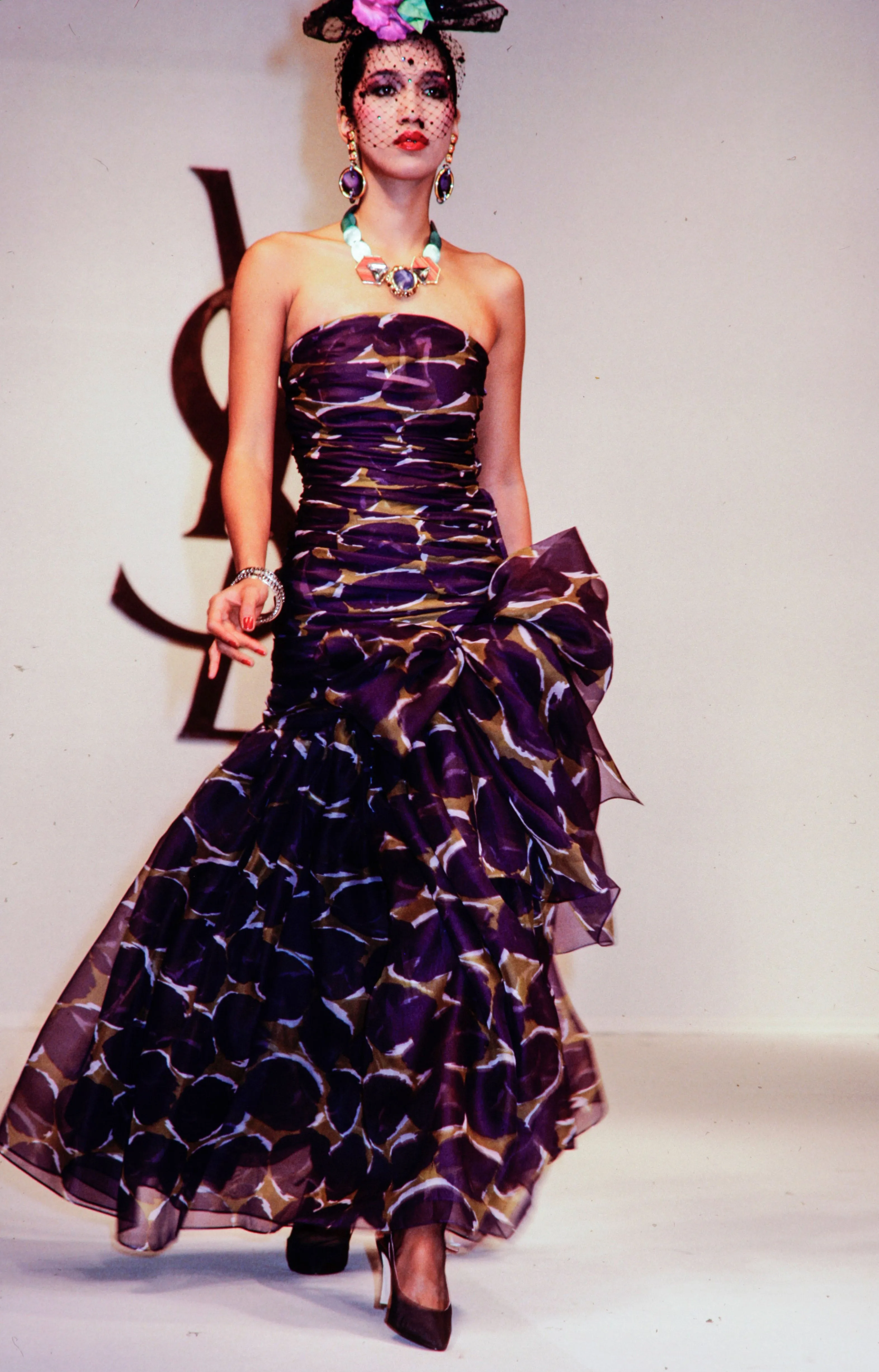 Prettiest Spring 1984 Yves Saint Laurent Runway Strapless Purple & Green Silk Dress
