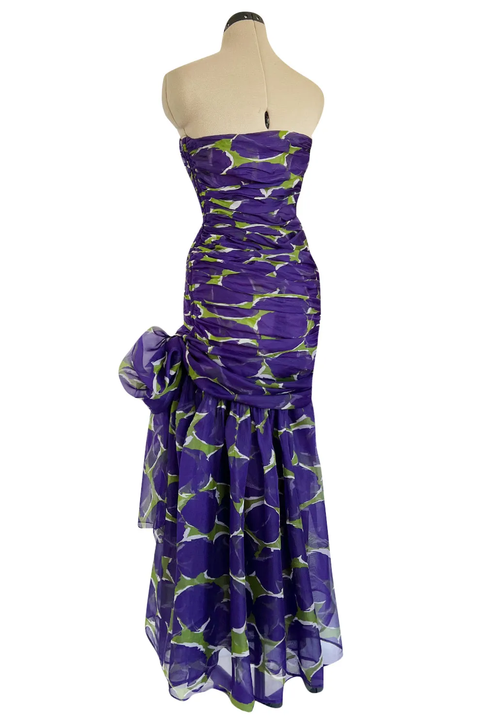 Prettiest Spring 1984 Yves Saint Laurent Runway Strapless Purple & Green Silk Dress