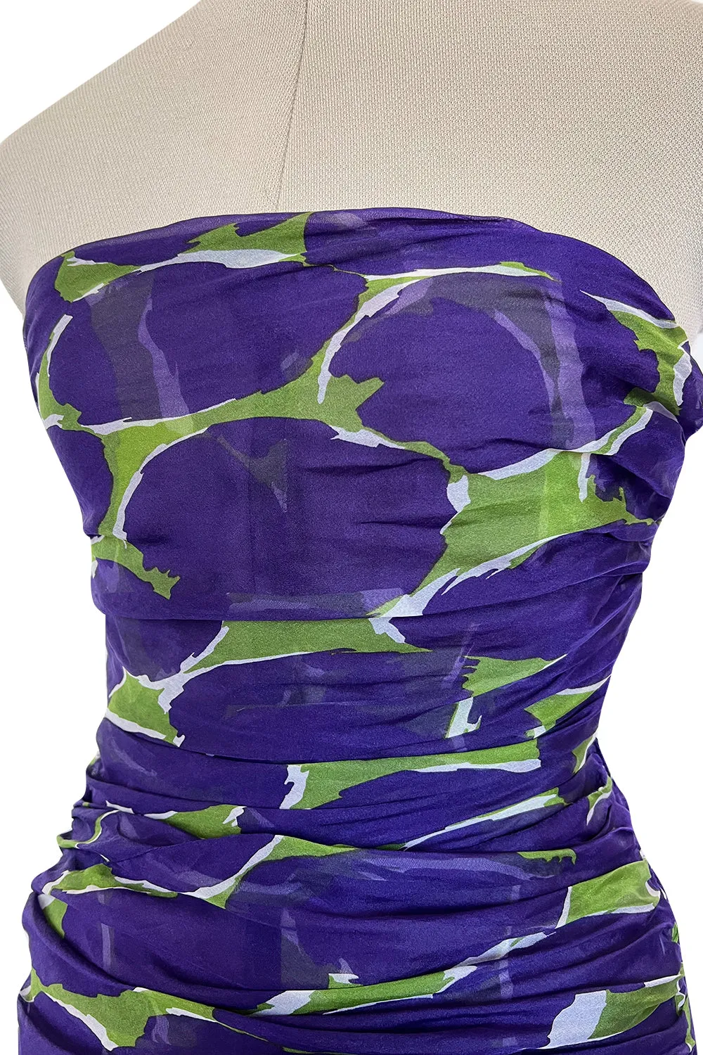 Prettiest Spring 1984 Yves Saint Laurent Runway Strapless Purple & Green Silk Dress