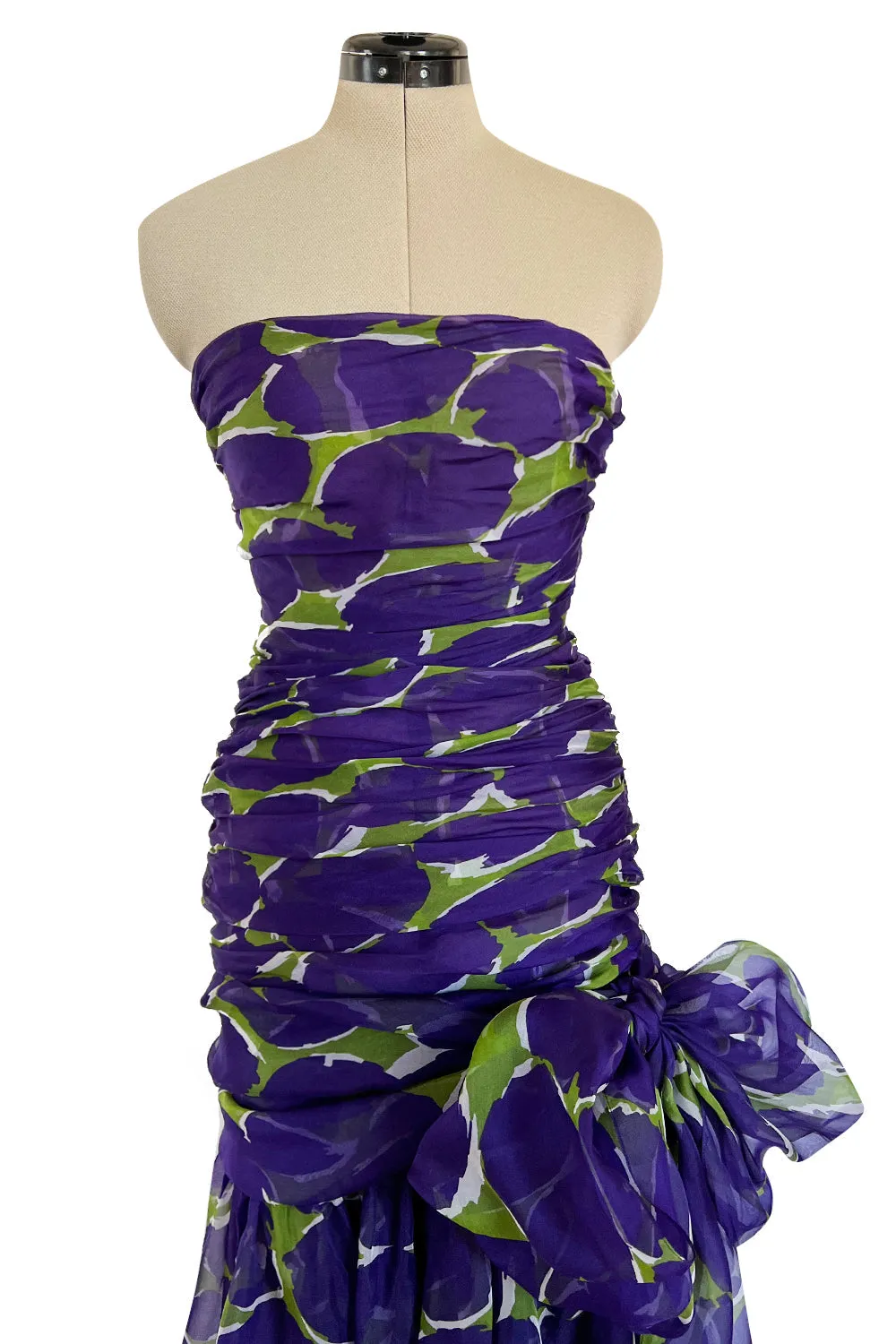 Prettiest Spring 1984 Yves Saint Laurent Runway Strapless Purple & Green Silk Dress