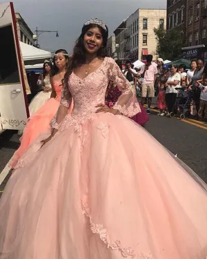 Princess Blush Pink Long Sleeves Tulle Ball Gown Quinceanera Dresses Lace Appliques