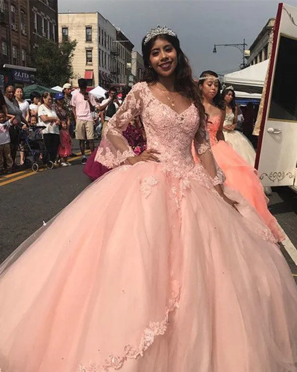 Princess Blush Pink Long Sleeves Tulle Ball Gown Quinceanera Dresses Lace Appliques