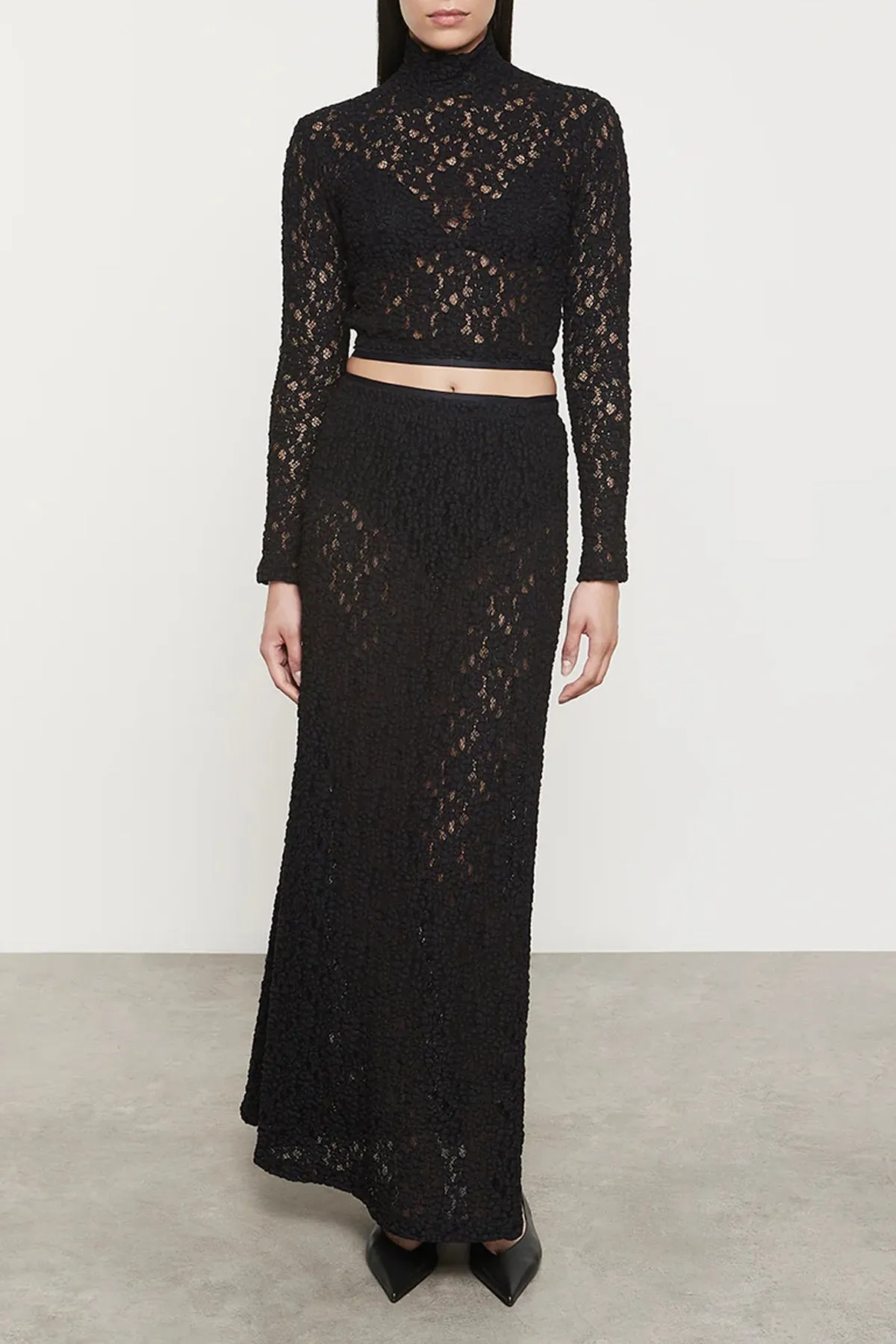 Puckered Lace Cropped Mockneck