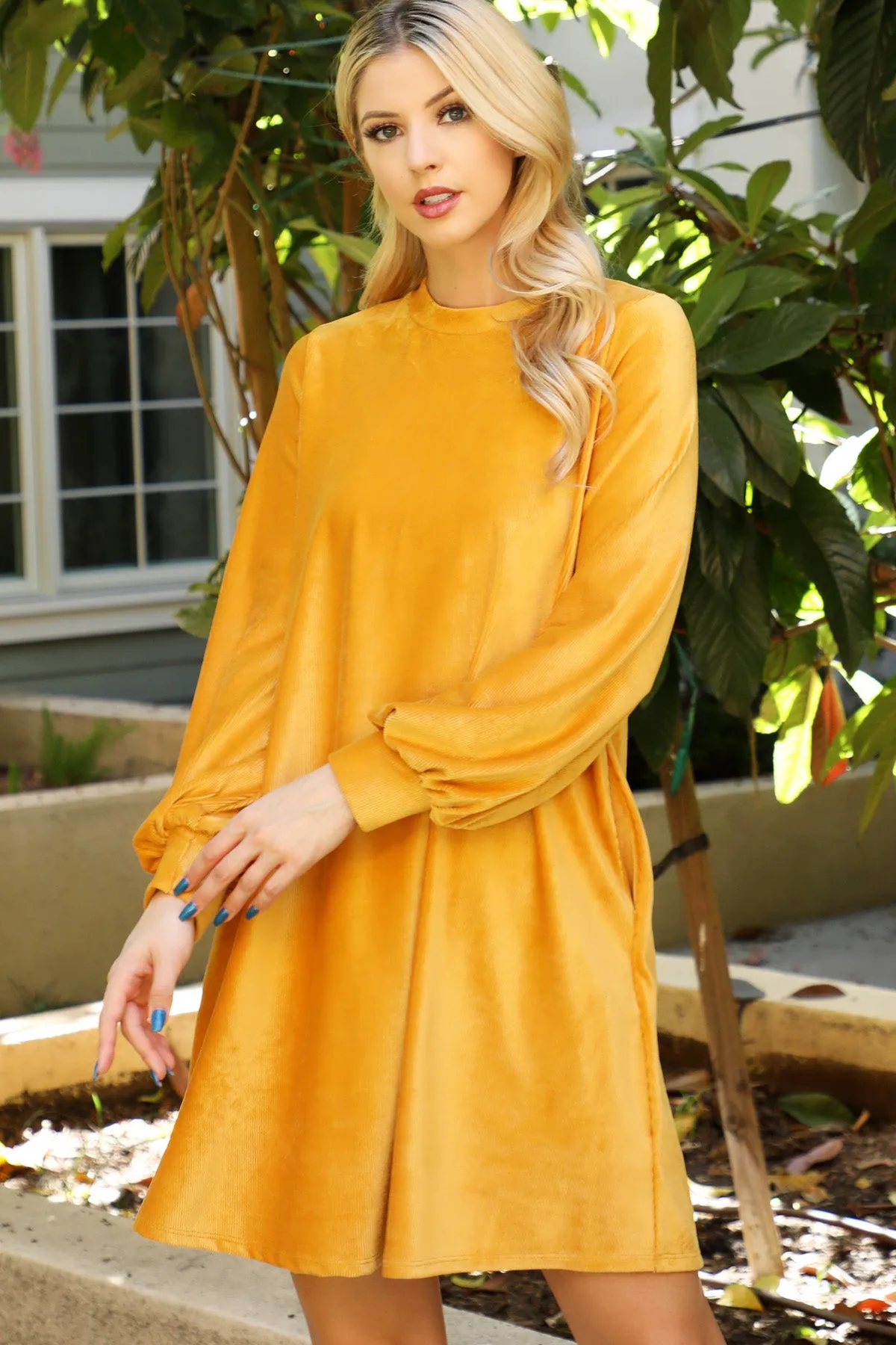 Puff Long Sleeve Velvet Corduroy Dress