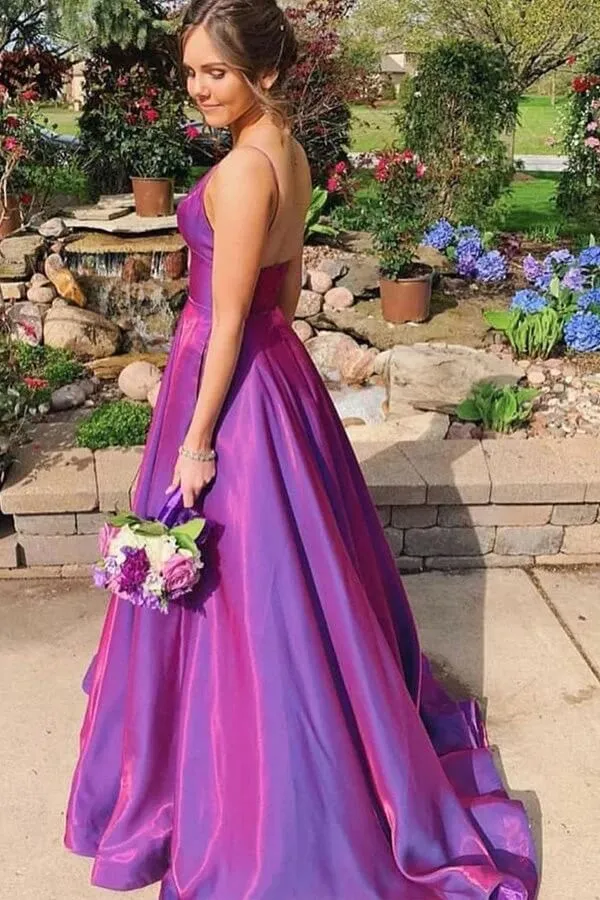 Purple Satin A-line Spaghetti Straps Prom Dresses With Pockets, Party Dress, MP775