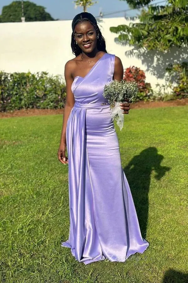 Purple Satin Mermaid One Shoulder Floor Length Bridesmaid Dresses, MBD283