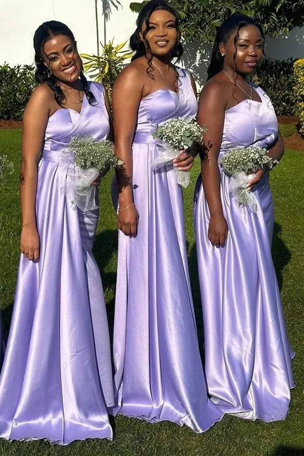 Purple Satin Mermaid One Shoulder Floor Length Bridesmaid Dresses, MBD283