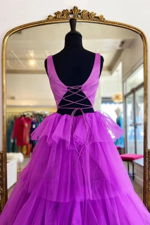 Purple Tired Tulle A-line Backless Prom Dresses, Long Formal Dresses, MP872
