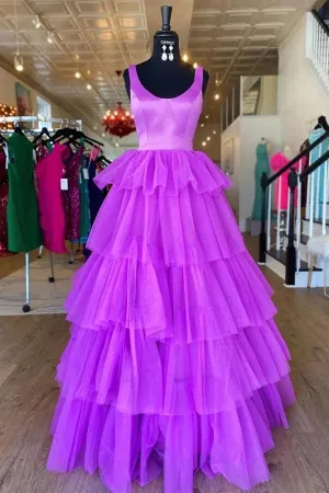 Purple Tired Tulle A-line Backless Prom Dresses, Long Formal Dresses, MP872