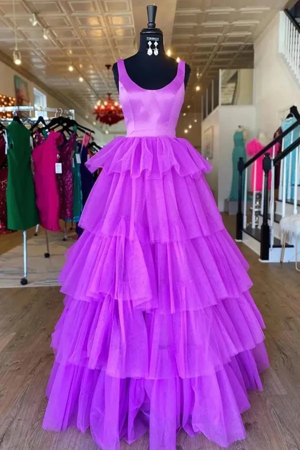 Purple Tired Tulle A-line Backless Prom Dresses, Long Formal Dresses, MP872