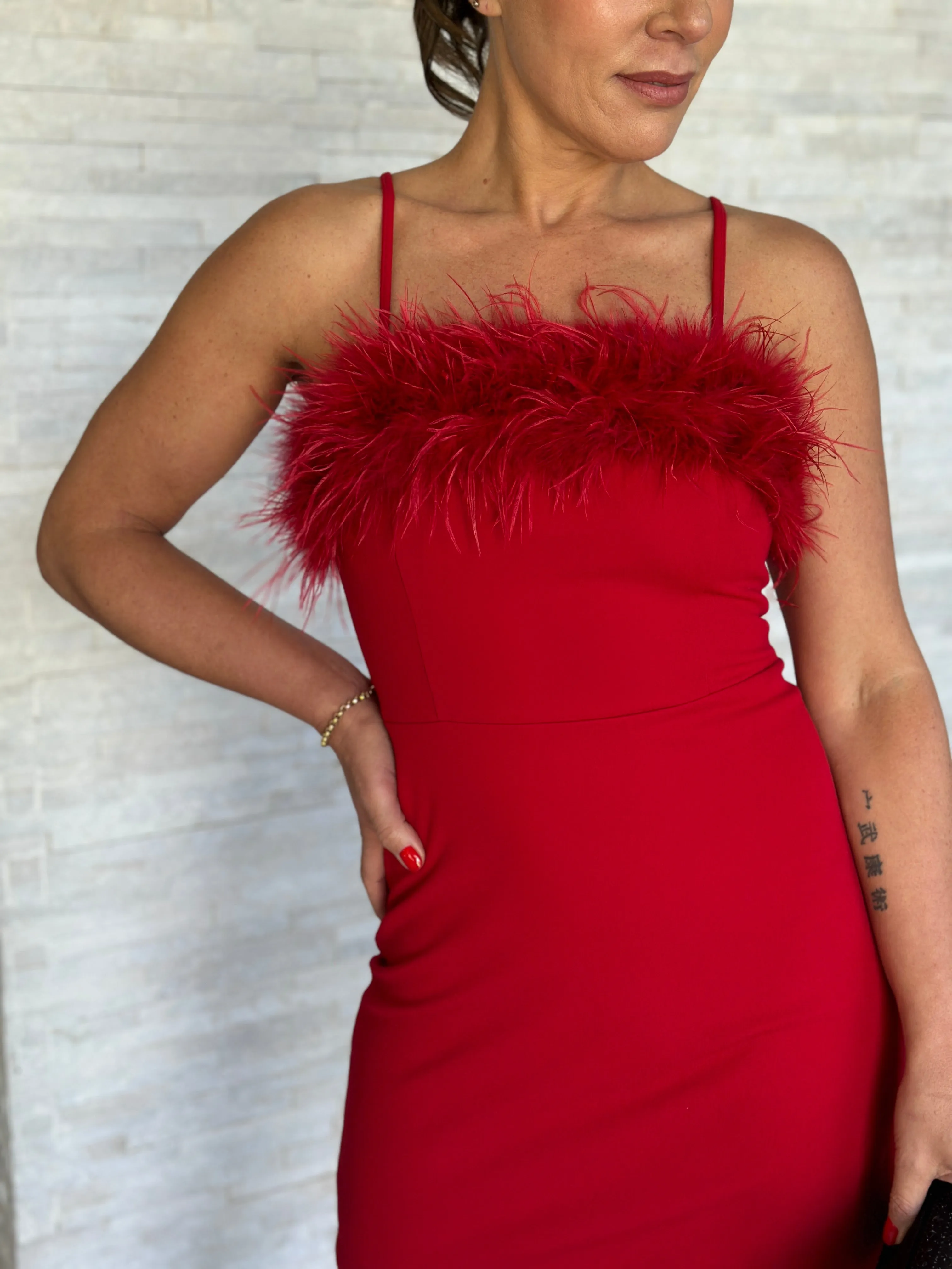 "Amaya" Sleeveless Feather Details Mini Dress