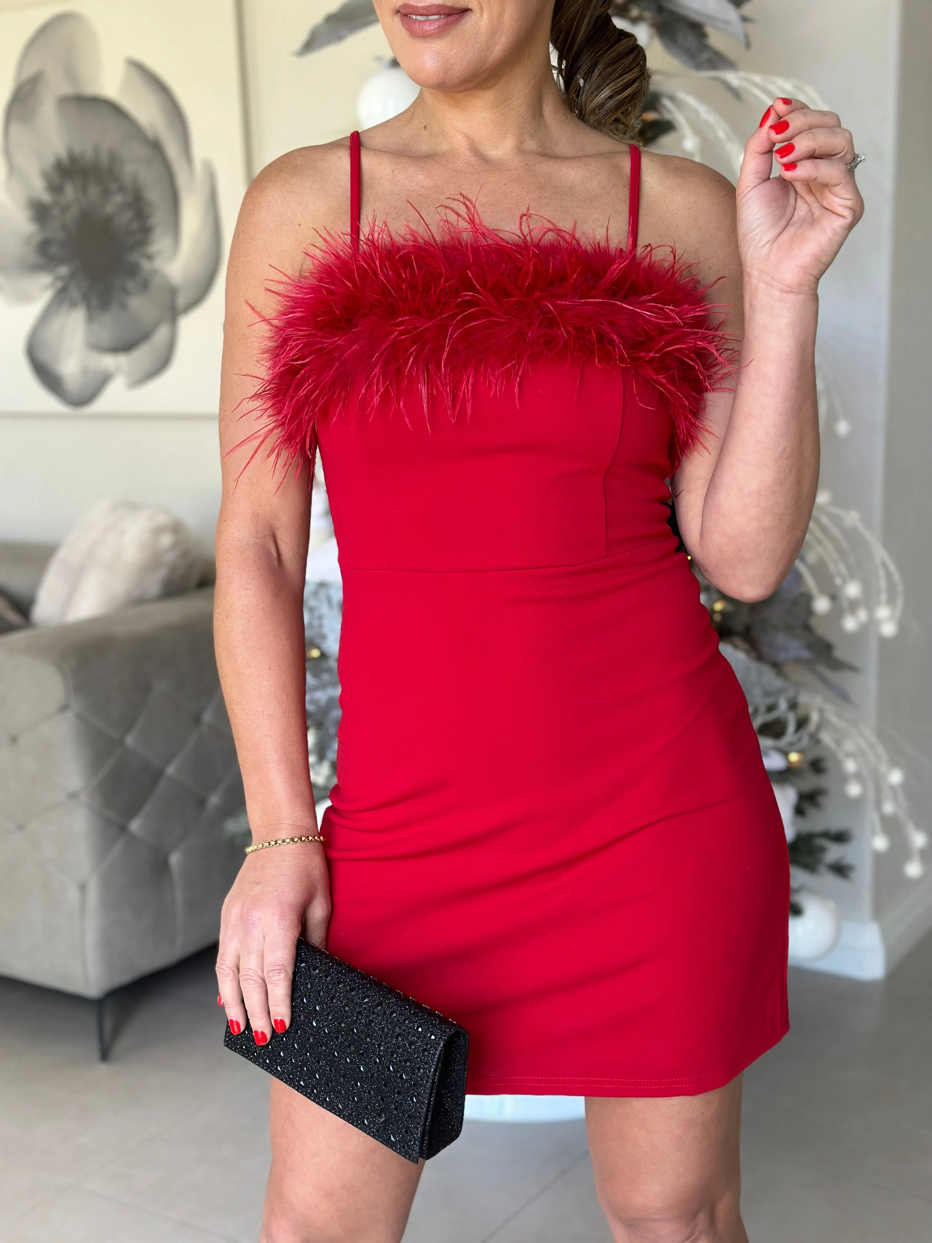"Amaya" Sleeveless Feather Details Mini Dress
