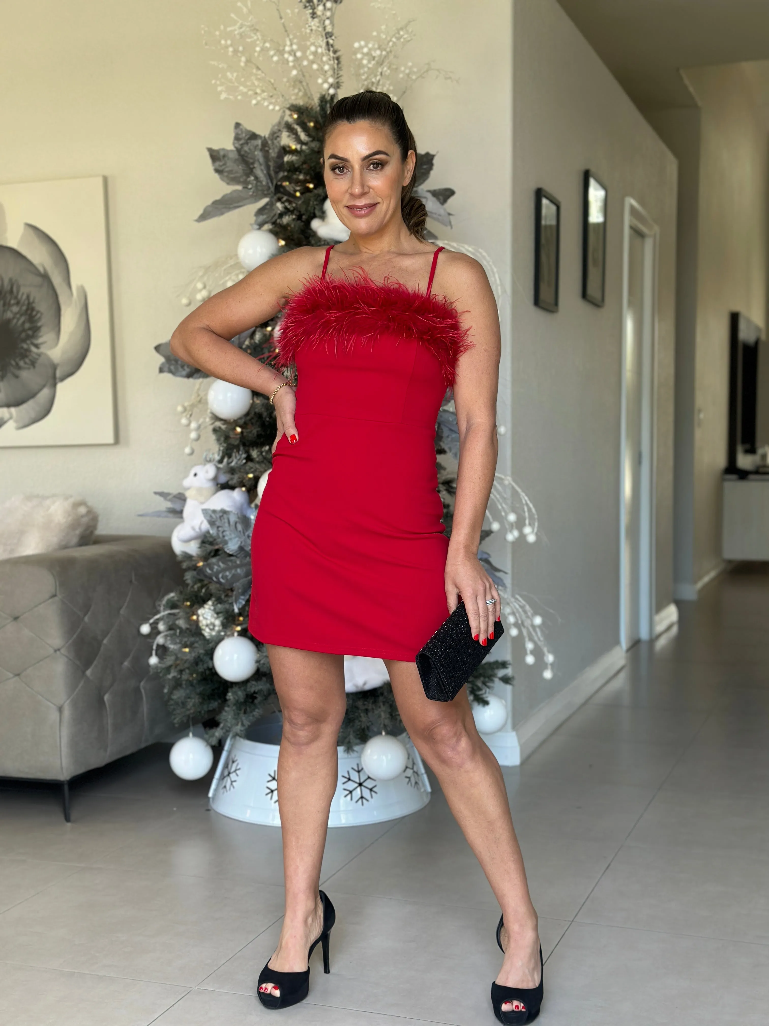 "Amaya" Sleeveless Feather Details Mini Dress