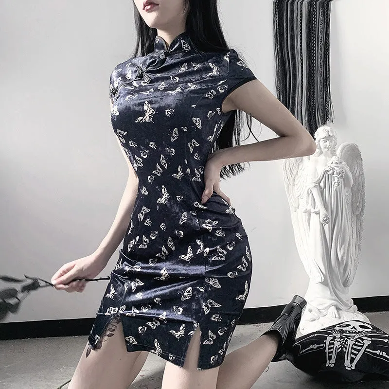 "RETRO BUTTERFLY PRINT CHEONGSAM" DRESS D070837