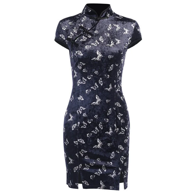 "RETRO BUTTERFLY PRINT CHEONGSAM" DRESS D070837