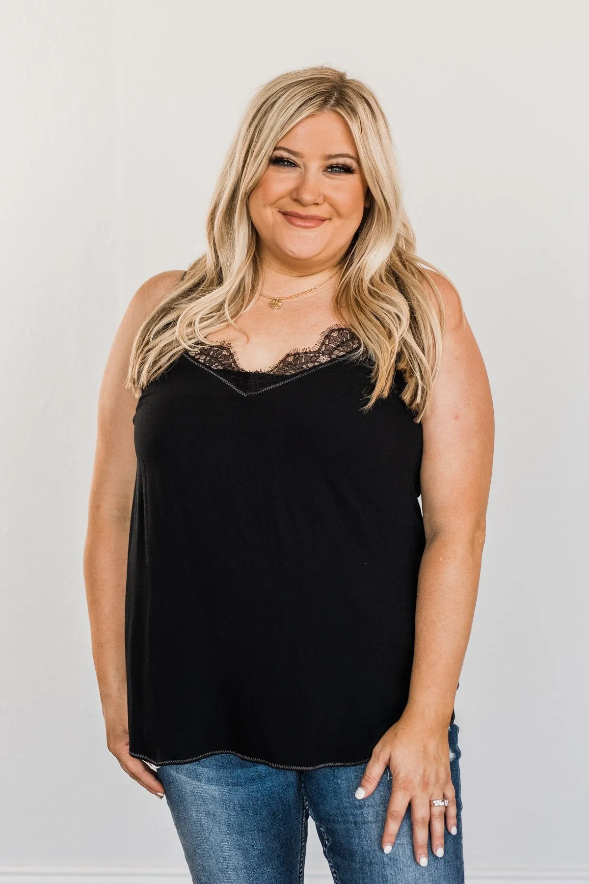 Raise Your Spirits Lace Trimmed Tank Top- Black