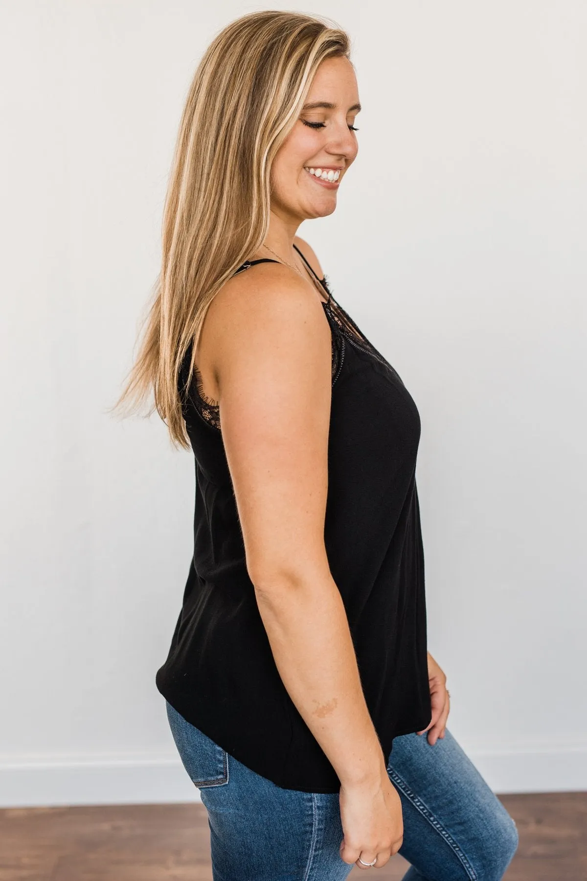 Raise Your Spirits Lace Trimmed Tank Top- Black