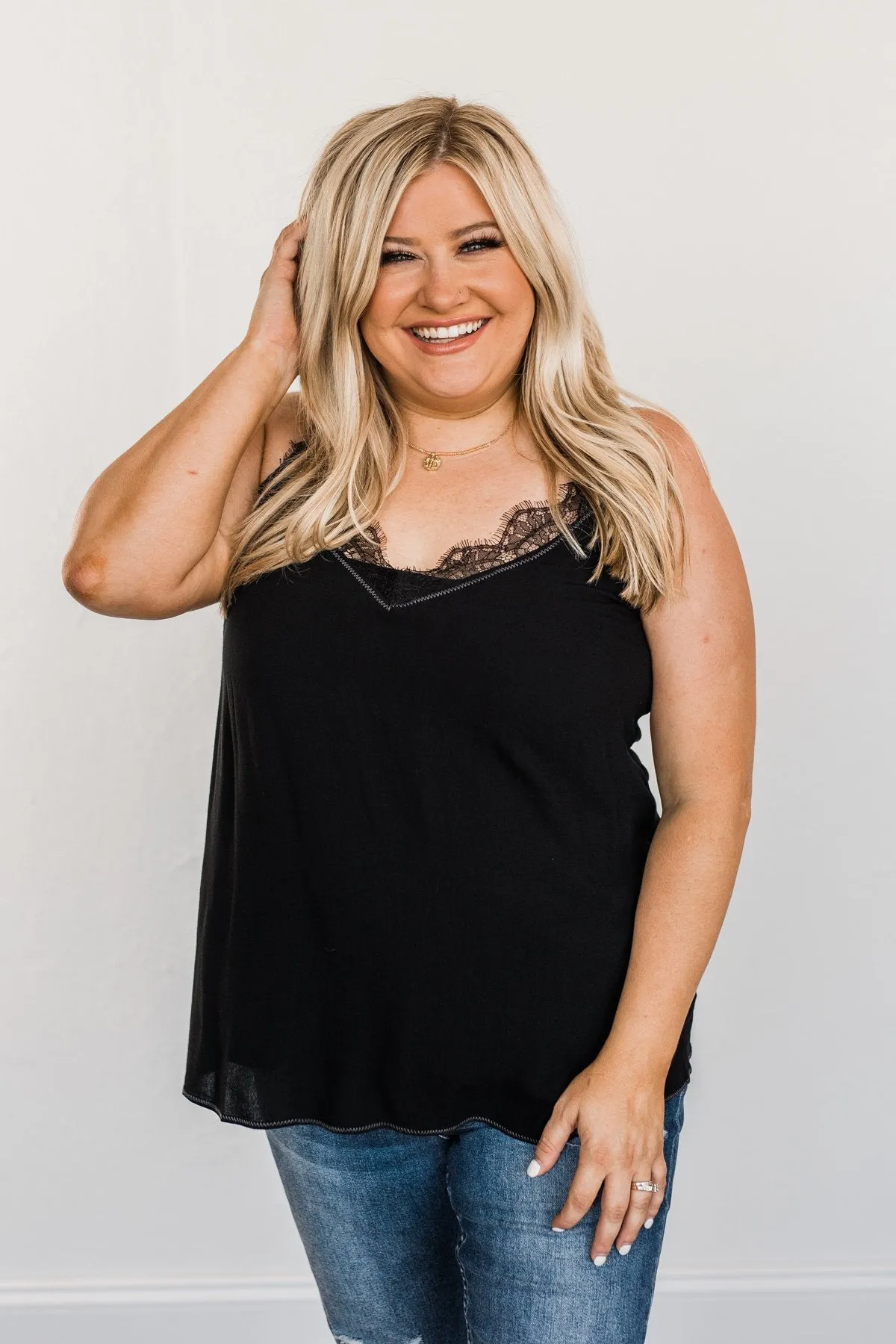 Raise Your Spirits Lace Trimmed Tank Top- Black