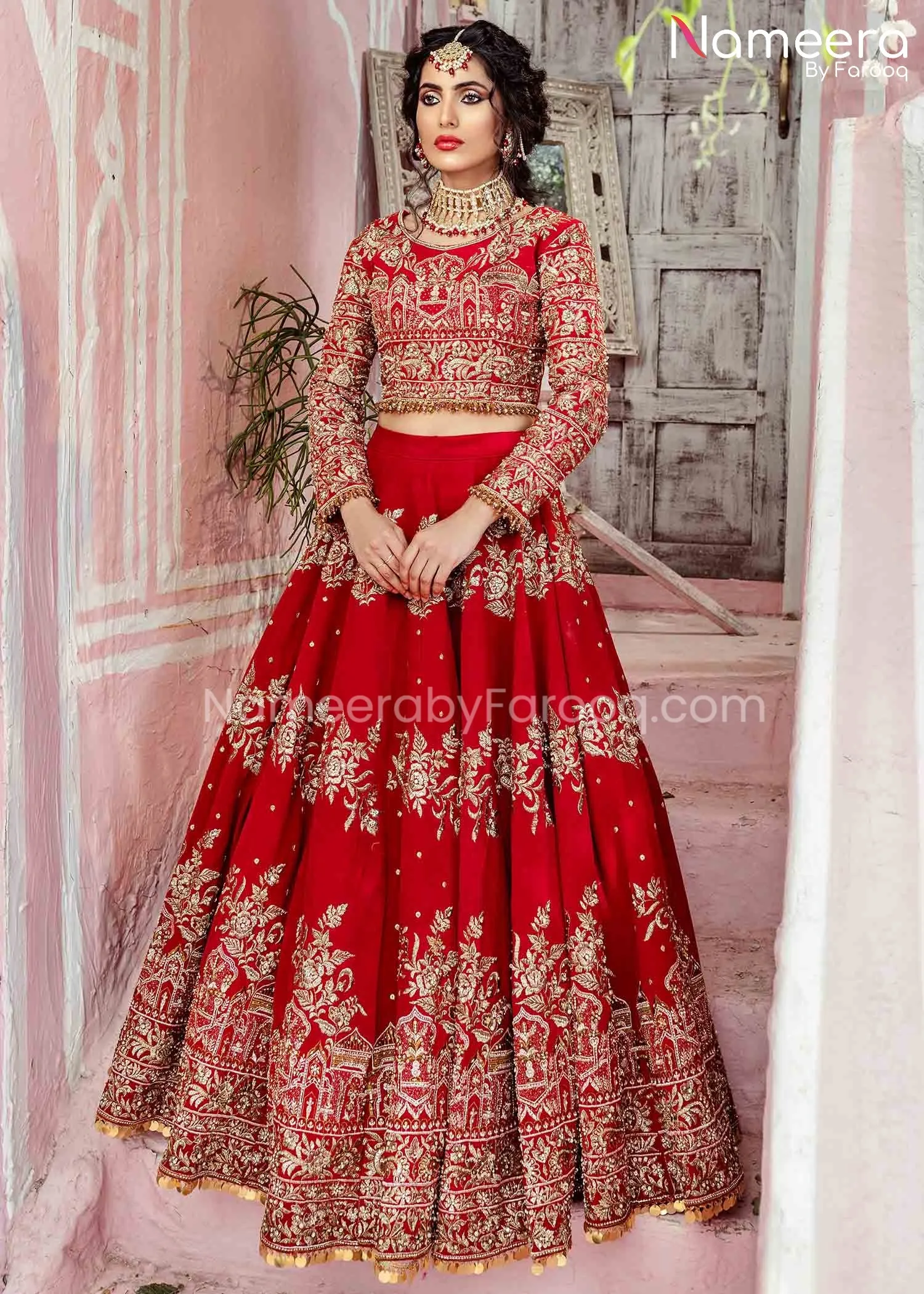 Red Choli Bridal Lehenga Indian Velvet Dress #BS611