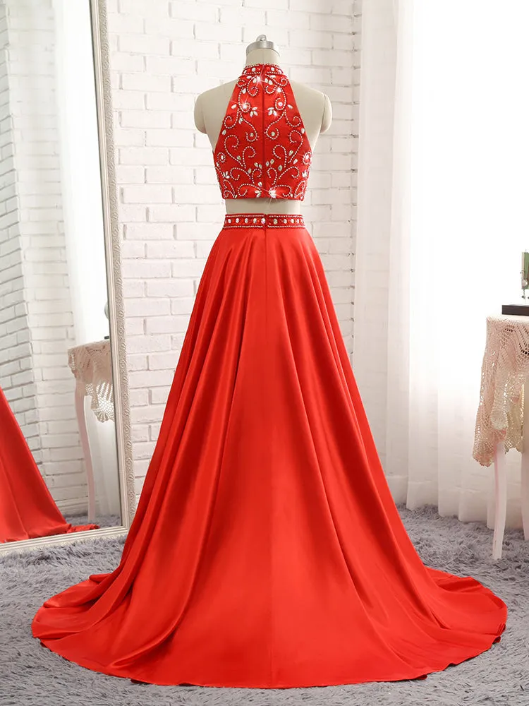 Red Satin High Neck Prom Dress
