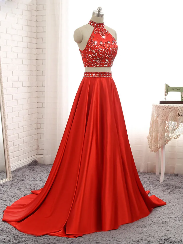 Red Satin High Neck Prom Dress