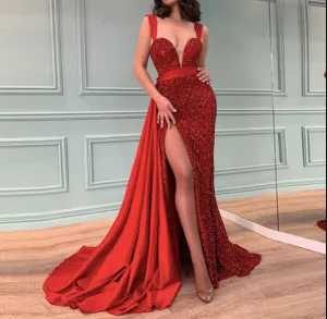 red sparkly prom dresses with removable skirt elegant mermaid modest prom gown vestido longo