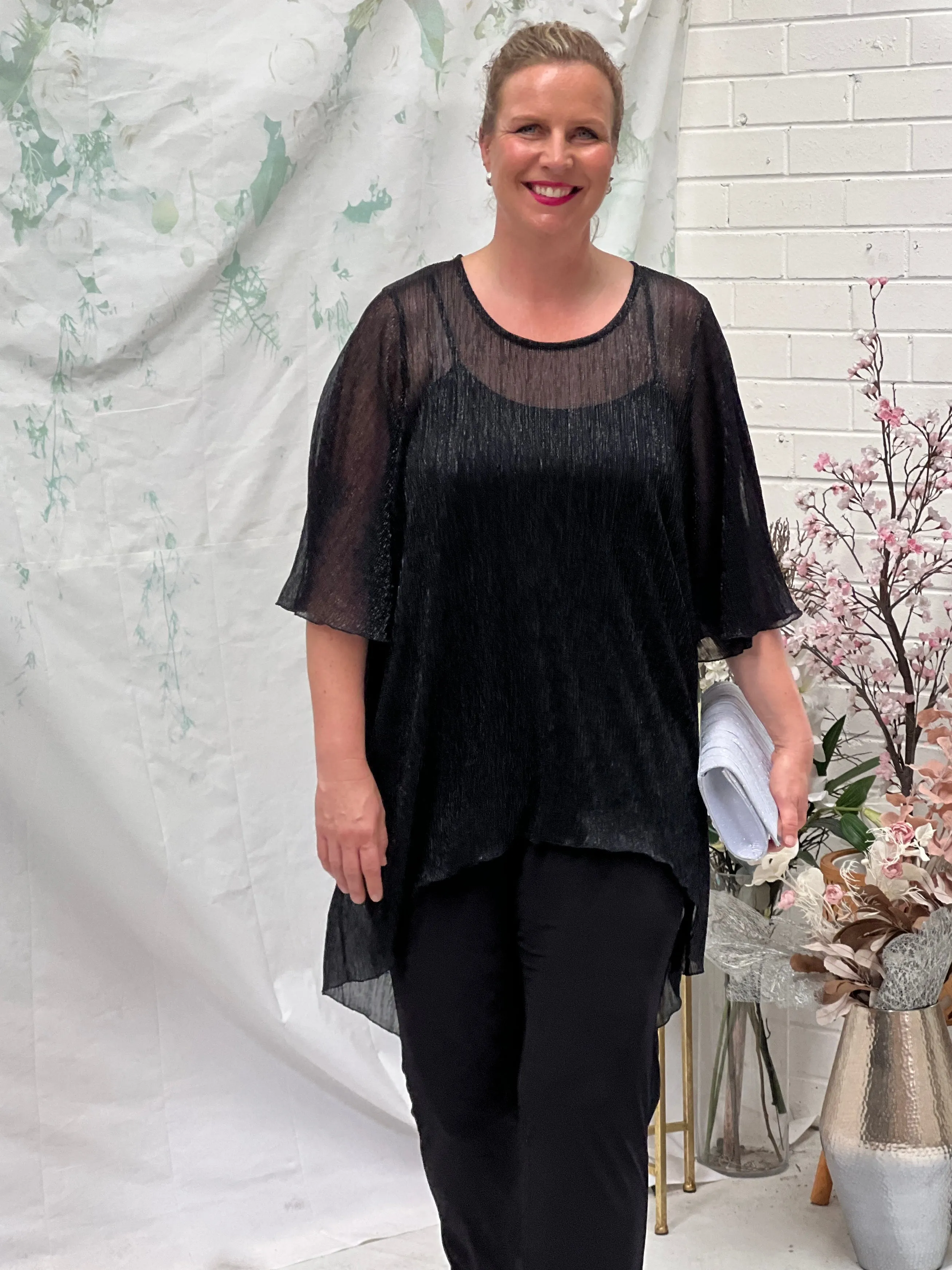 Rhea Black Shimmer Mesh Top