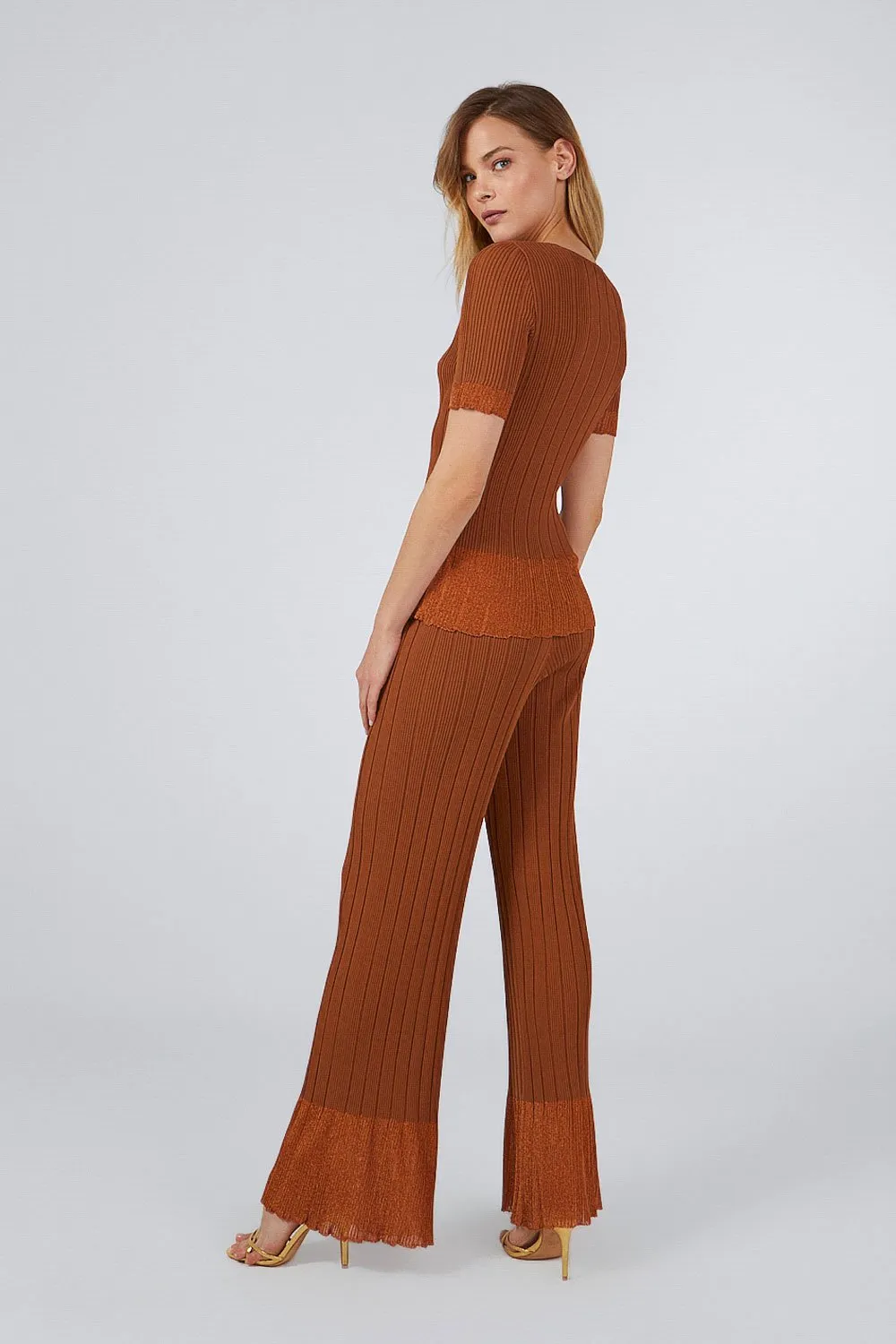RIBBED PANTS WITH GLITTERED TIPS BRONZE