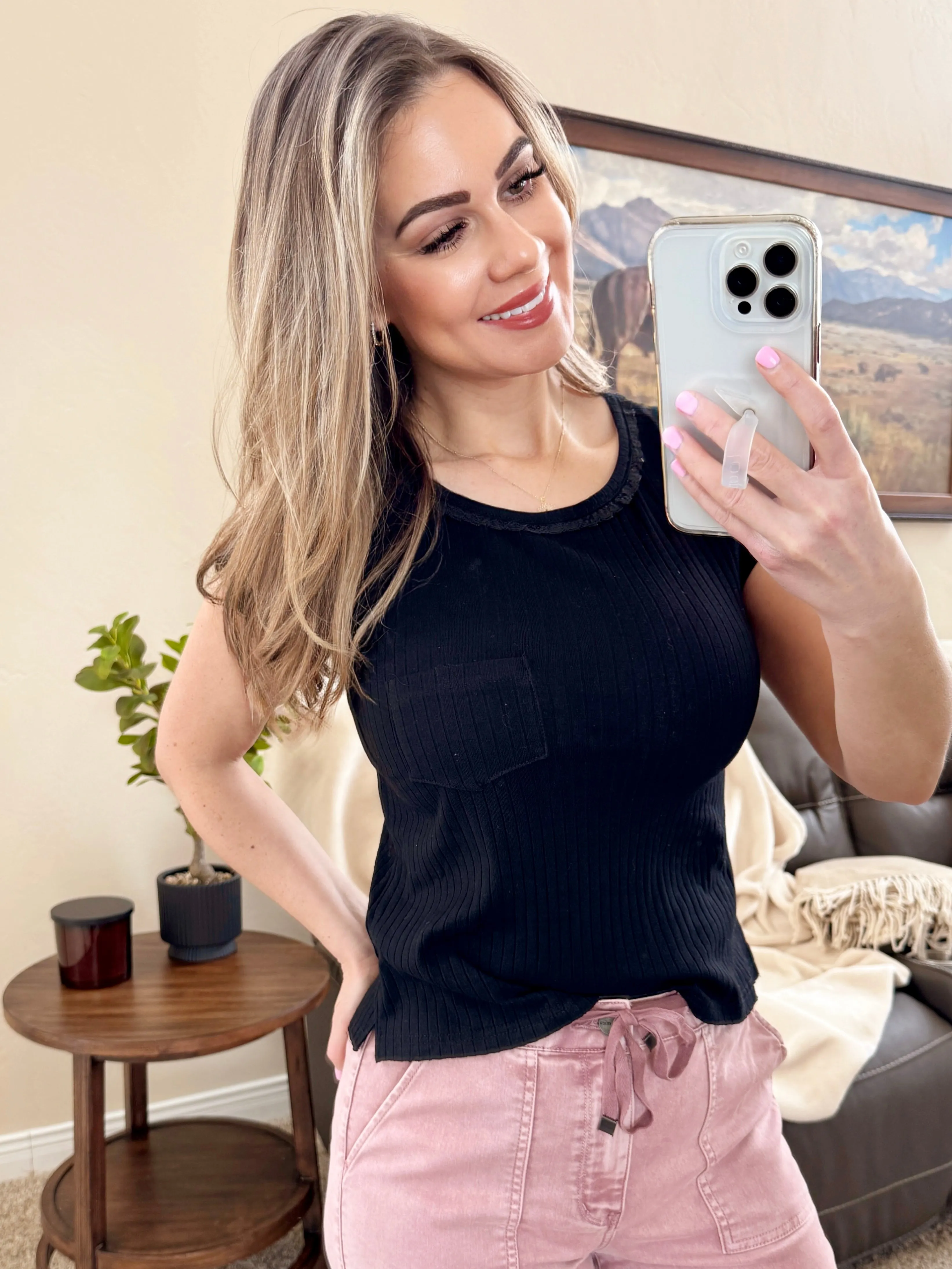 Ribbed Tee with Lace Detail in Black