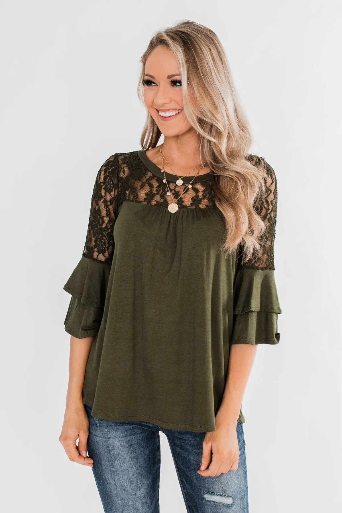 Right Beside Me Lace & Ruffles Top- Olive