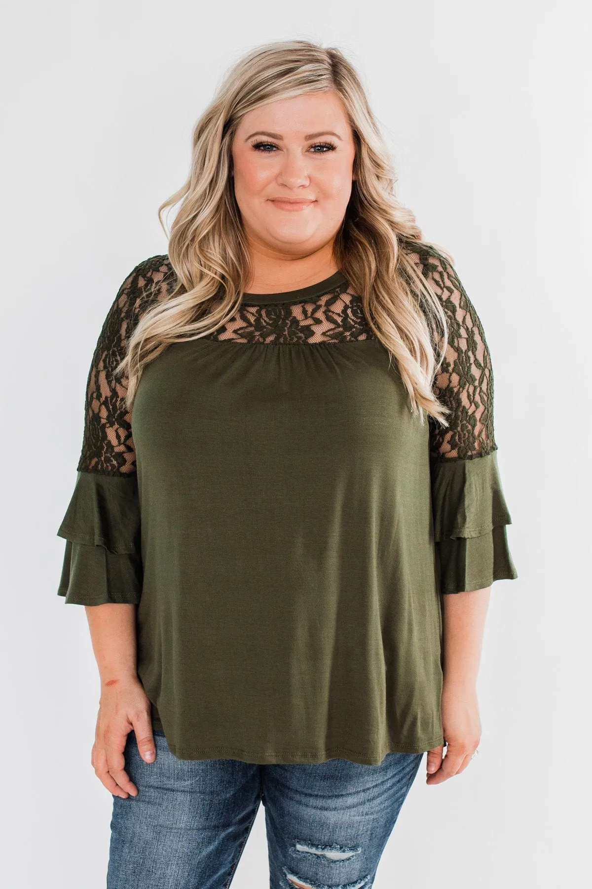 Right Beside Me Lace & Ruffles Top- Olive