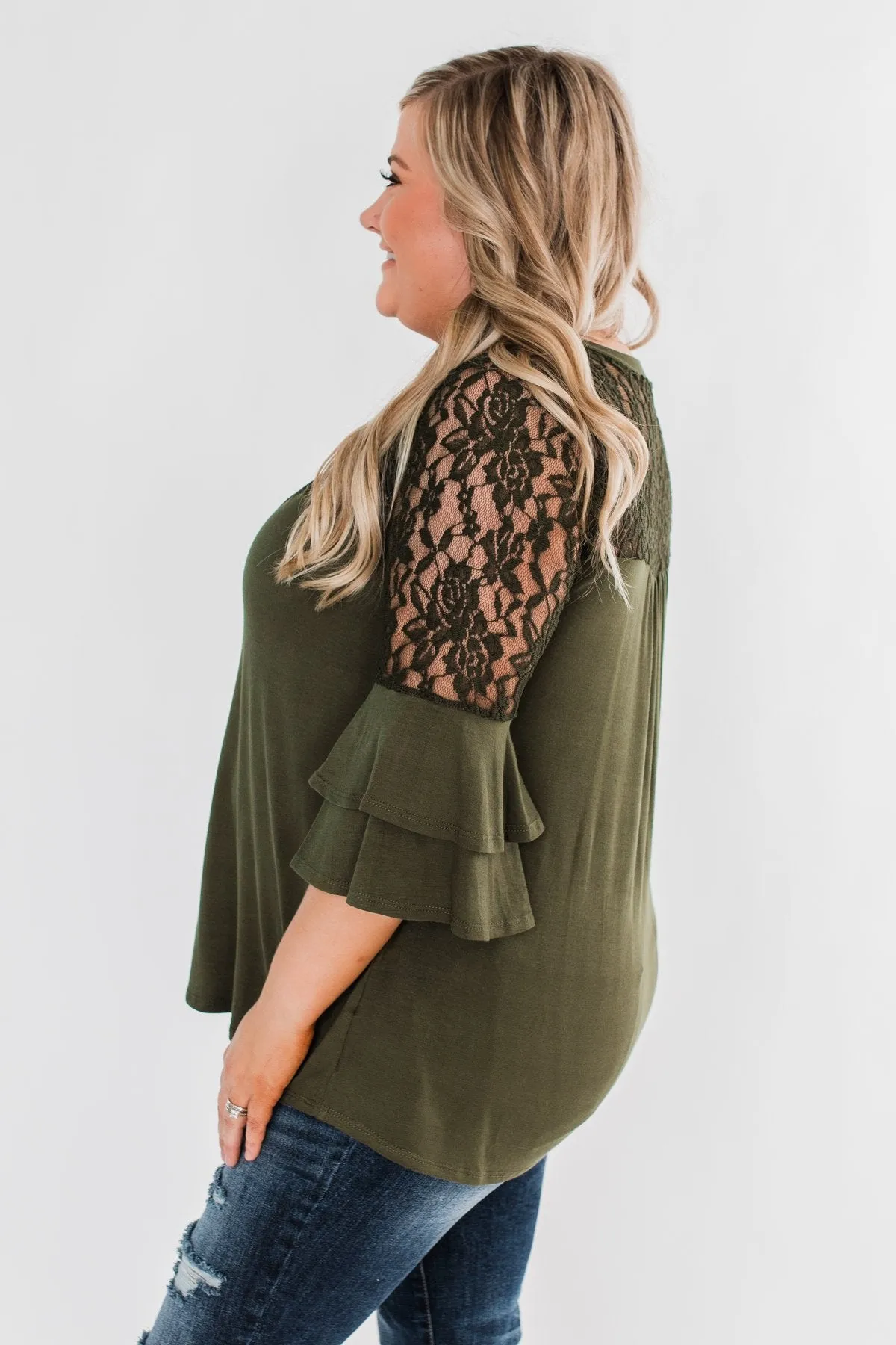 Right Beside Me Lace & Ruffles Top- Olive