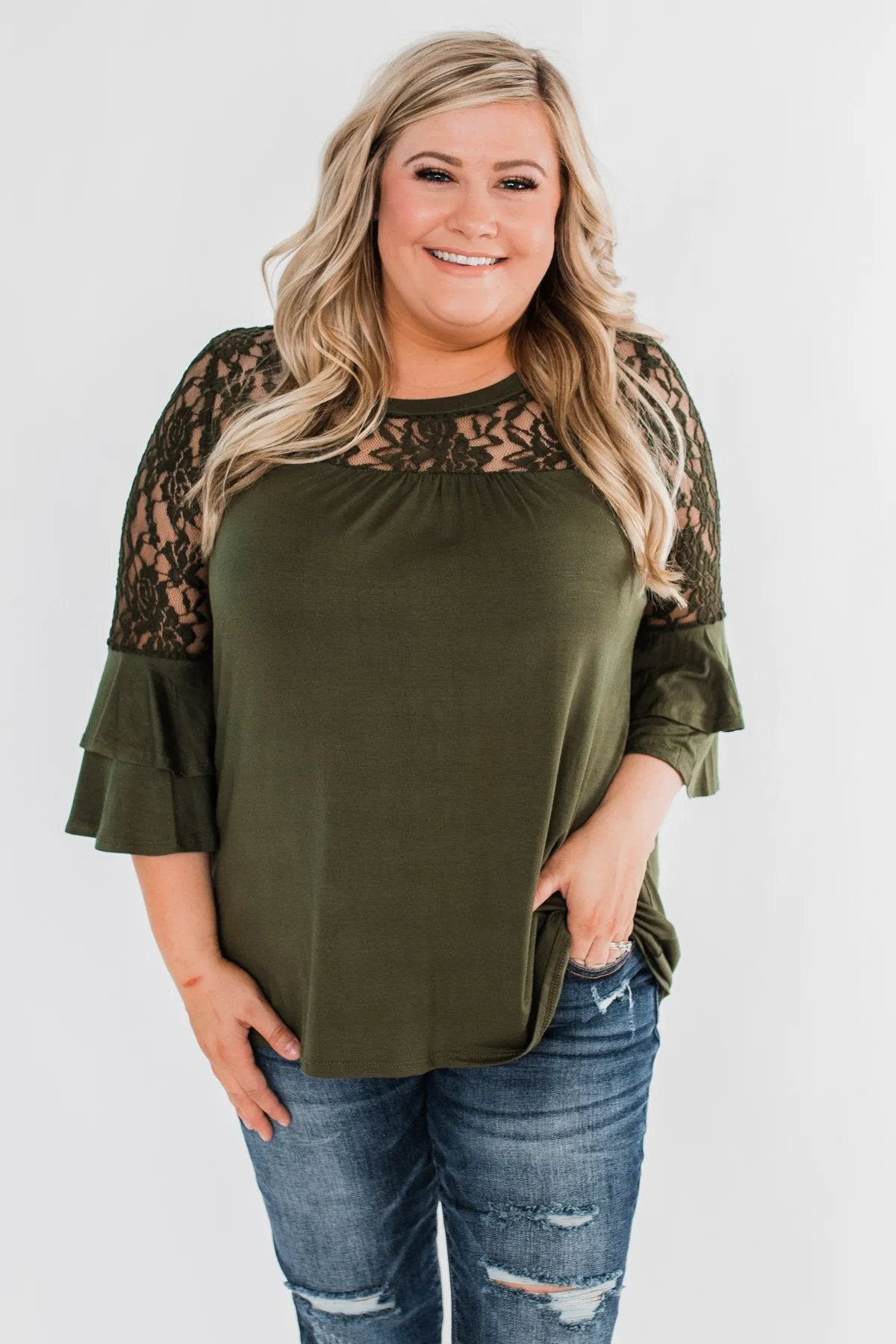 Right Beside Me Lace & Ruffles Top- Olive
