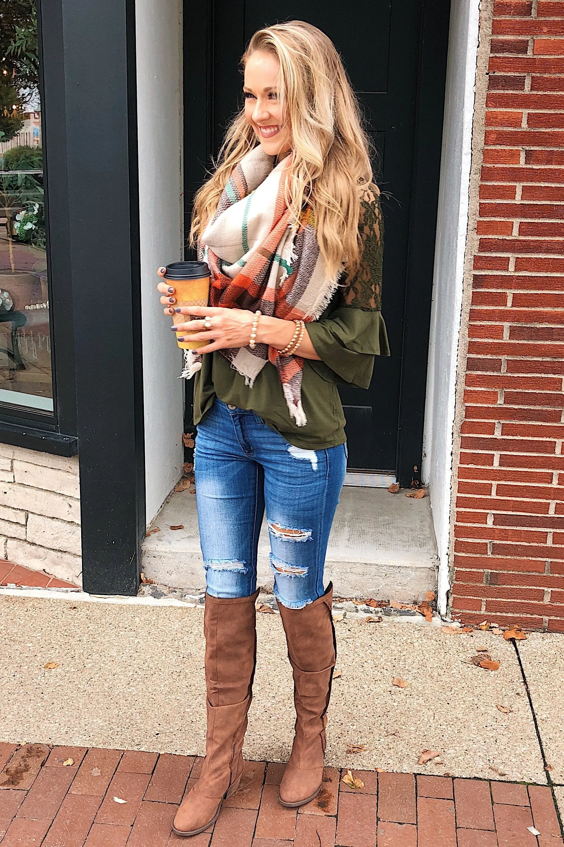 Right Beside Me Lace & Ruffles Top- Olive