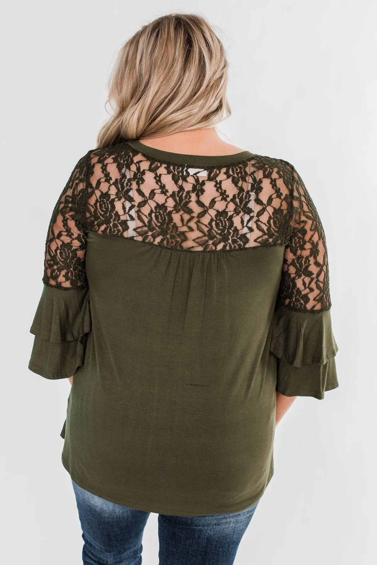 Right Beside Me Lace & Ruffles Top- Olive