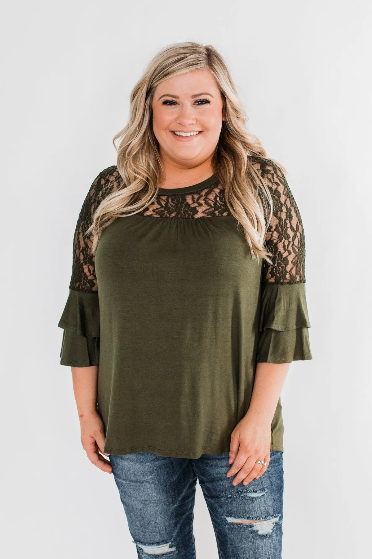 Right Beside Me Lace & Ruffles Top- Olive