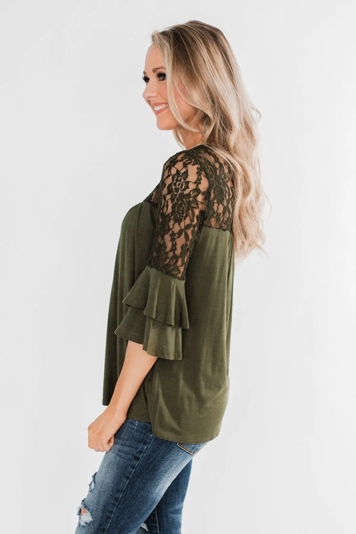Right Beside Me Lace & Ruffles Top- Olive