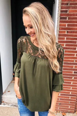 Right Beside Me Lace & Ruffles Top- Olive