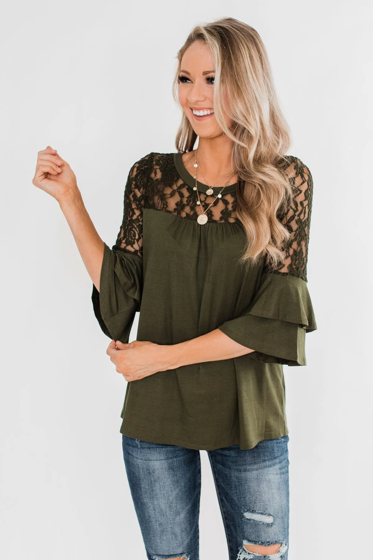 Right Beside Me Lace & Ruffles Top- Olive