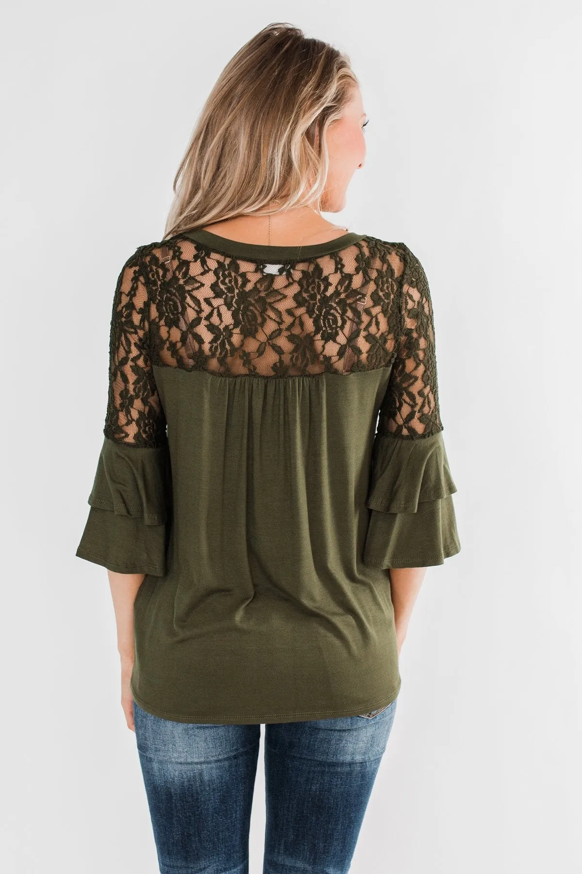Right Beside Me Lace & Ruffles Top- Olive