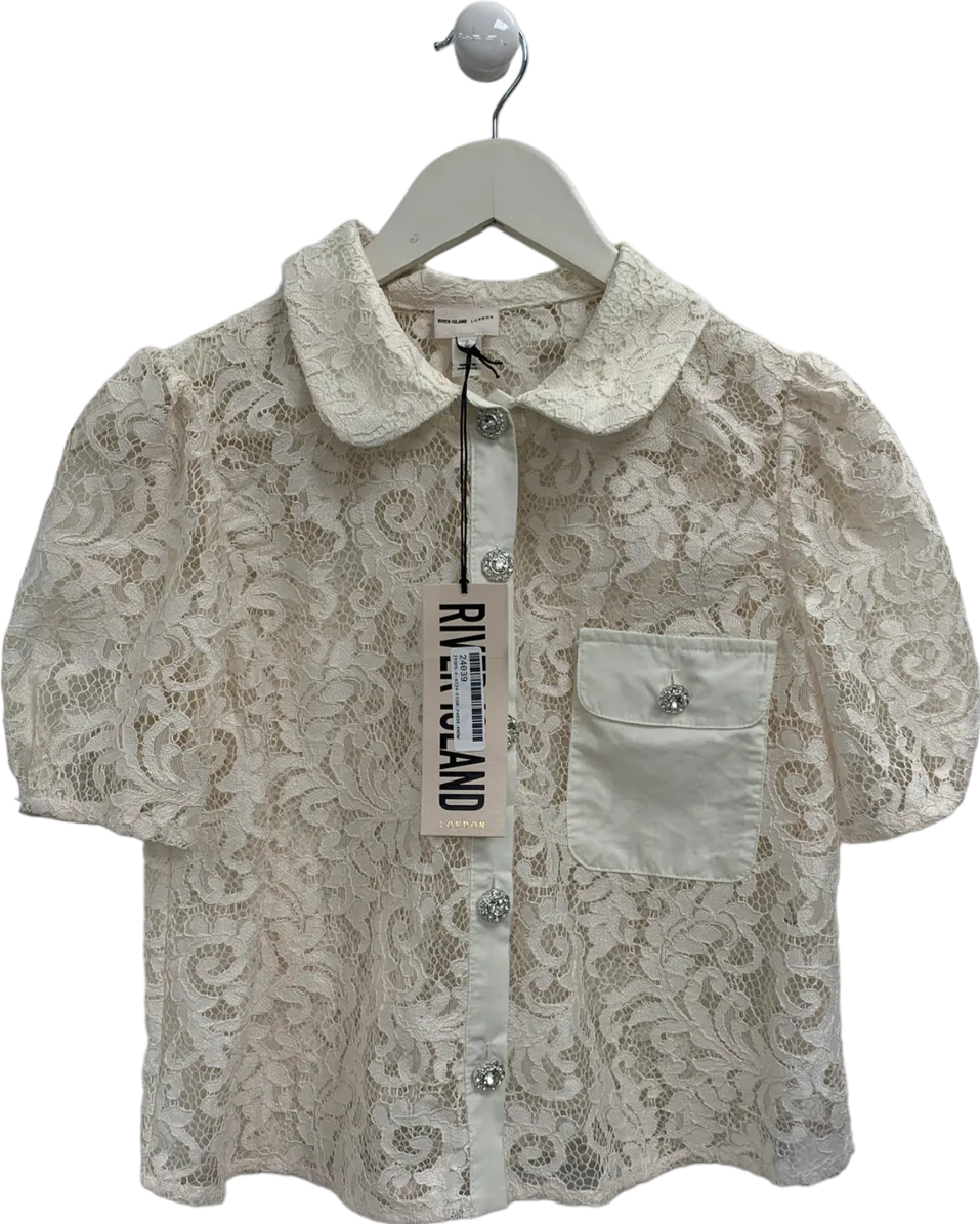 River Island White Lace Puff Sleeve Shirt UK 8