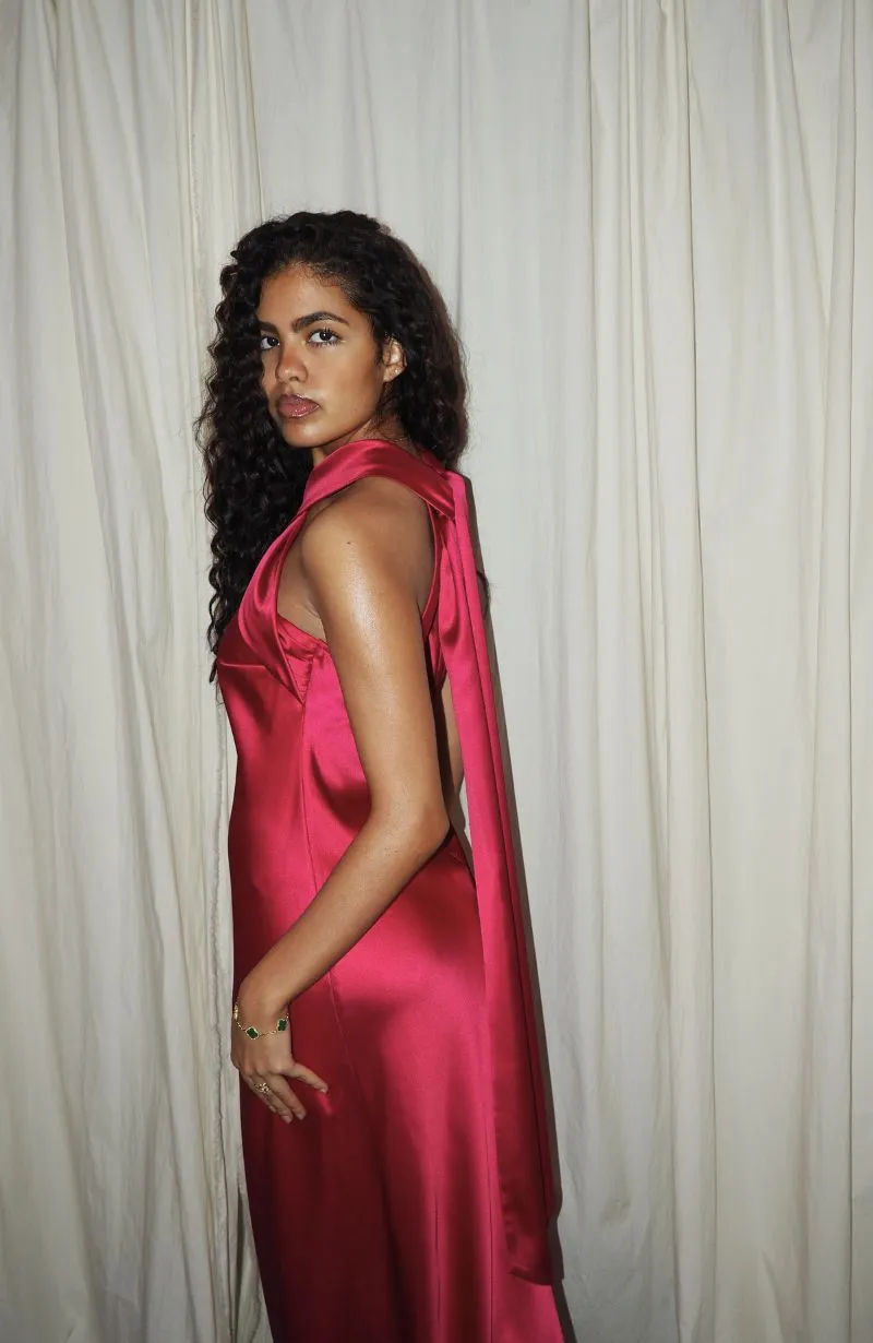 Roma Dress in Hot Pink Satin