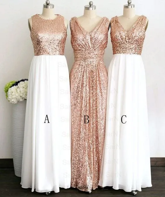 rose gold bridesmaid dresses long mismatched v neck cheap sparkle wedding guest dresses 2020