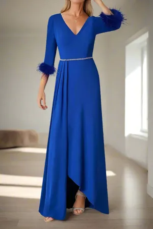 Royal Blue Delicate Pleats Wedding Guest Dress with Feathers