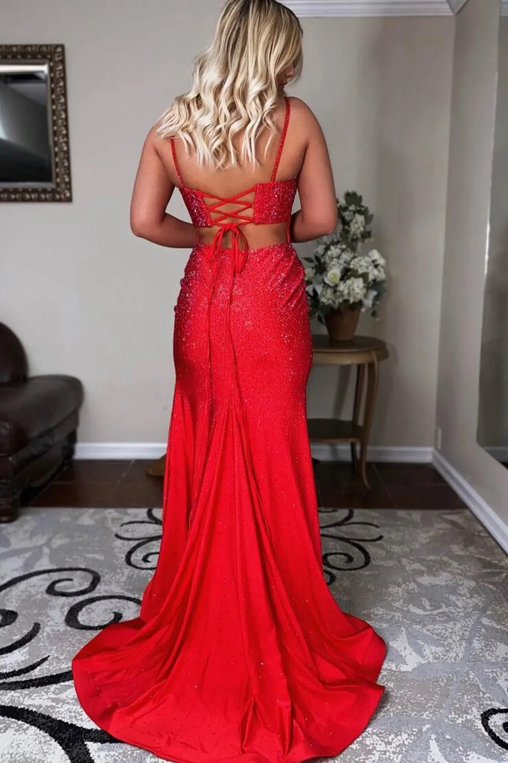 Roycebridal Emelia |Mermaid Spaghettti Strap Beaded Satin Prom Dress with Slit