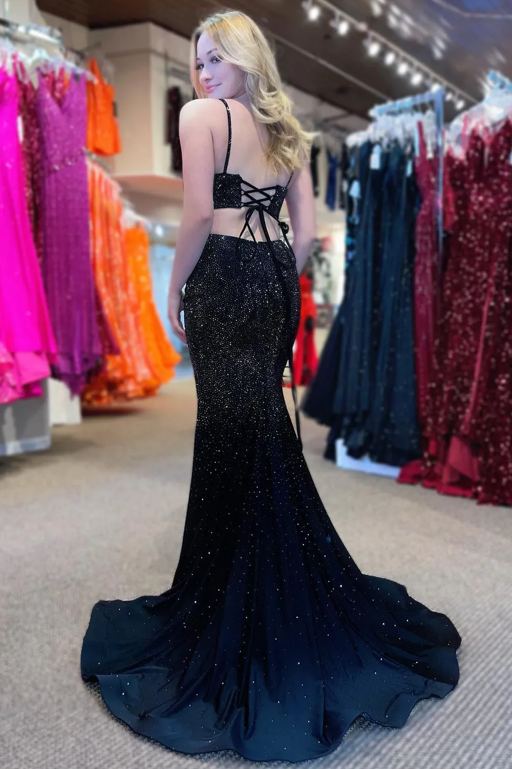 Roycebridal Emelia |Mermaid Spaghettti Strap Beaded Satin Prom Dress with Slit