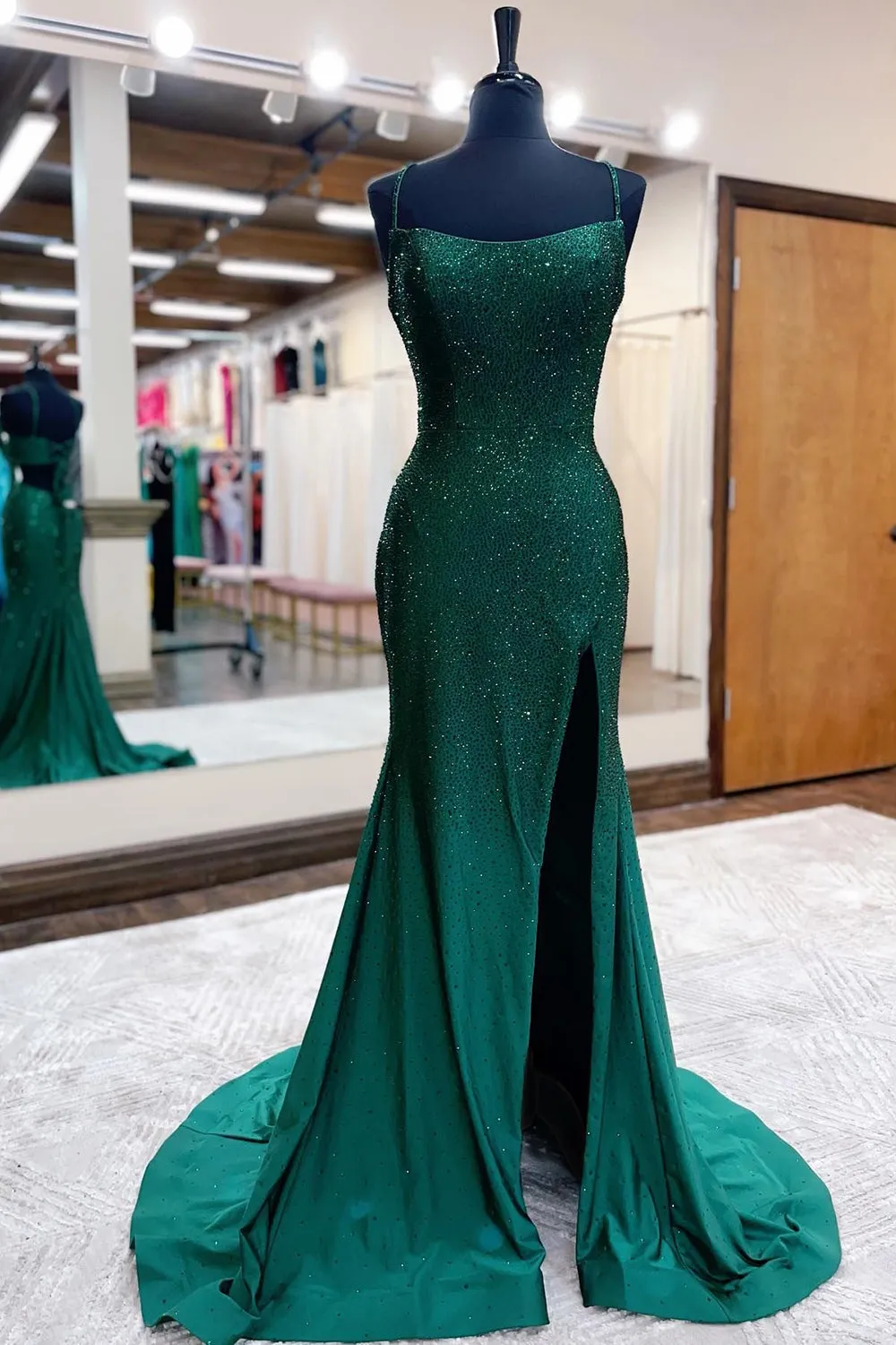 Roycebridal Emelia |Mermaid Spaghettti Strap Beaded Satin Prom Dress with Slit