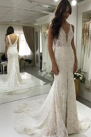 Roycebridal Gorgeous Mermaid V-neck Lace Long Wedding Dresses,Sparkly Slit Wedding Dresses with Train,MW476